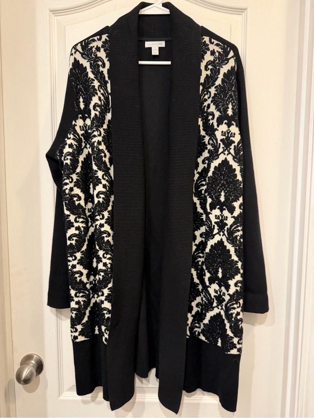 Charter Club Black and Cream Damask Open-Front Cardigan